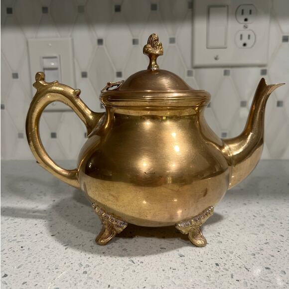 Vintage Footed Brass Teapot and Silver Plated lined Interior w/ Top Hinged Lid - Picture 1 of 10